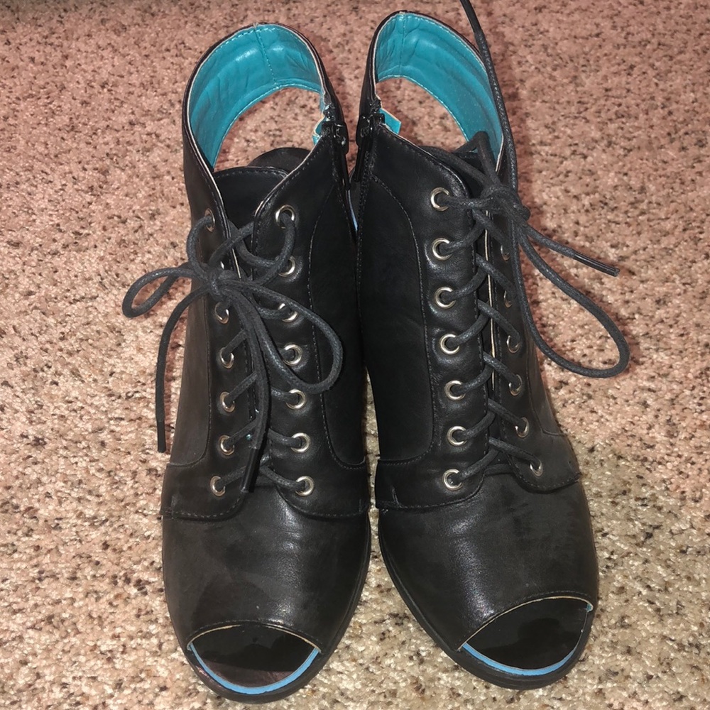 Black open toed heeled boots